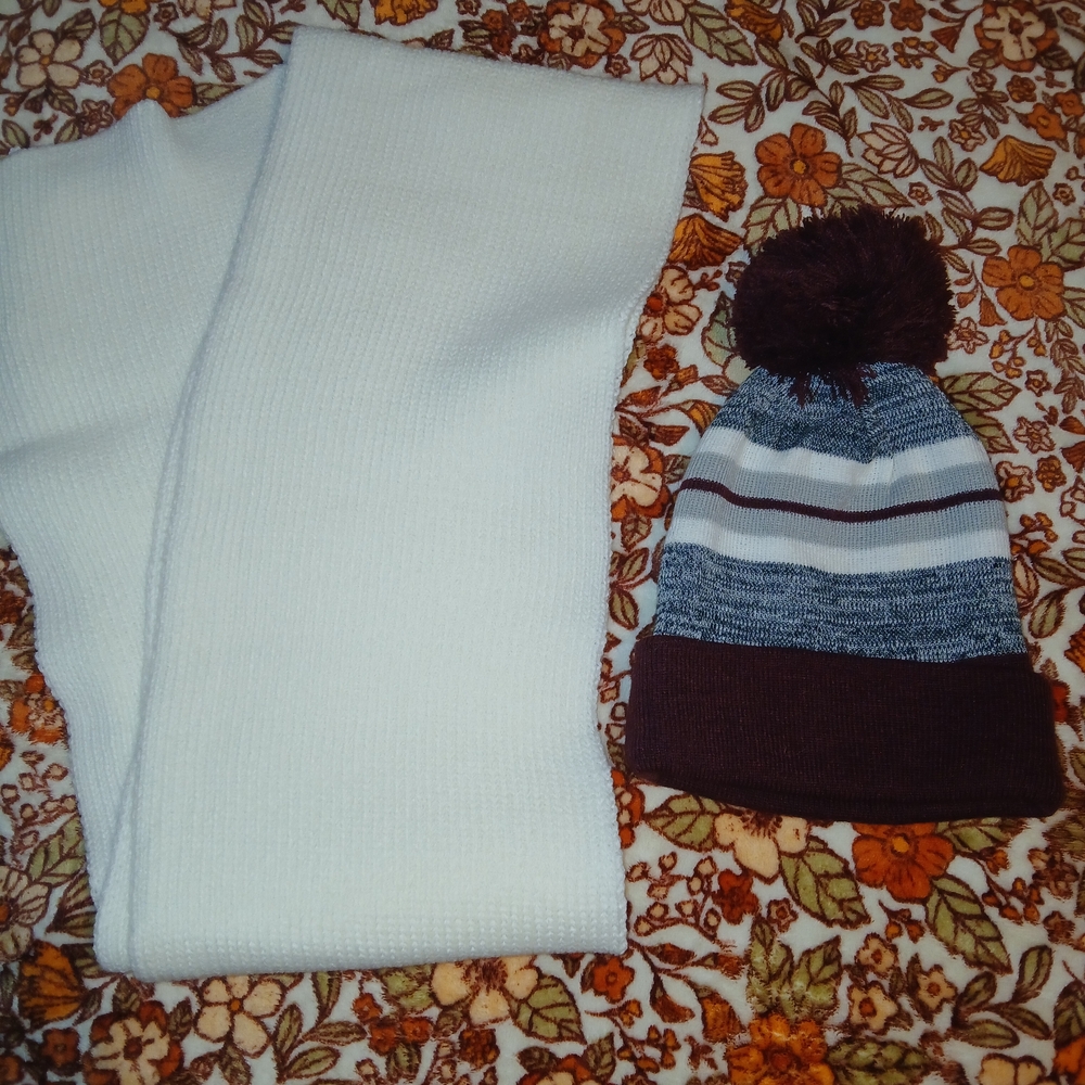 Cozy White Scarf and Striped Beanie Set